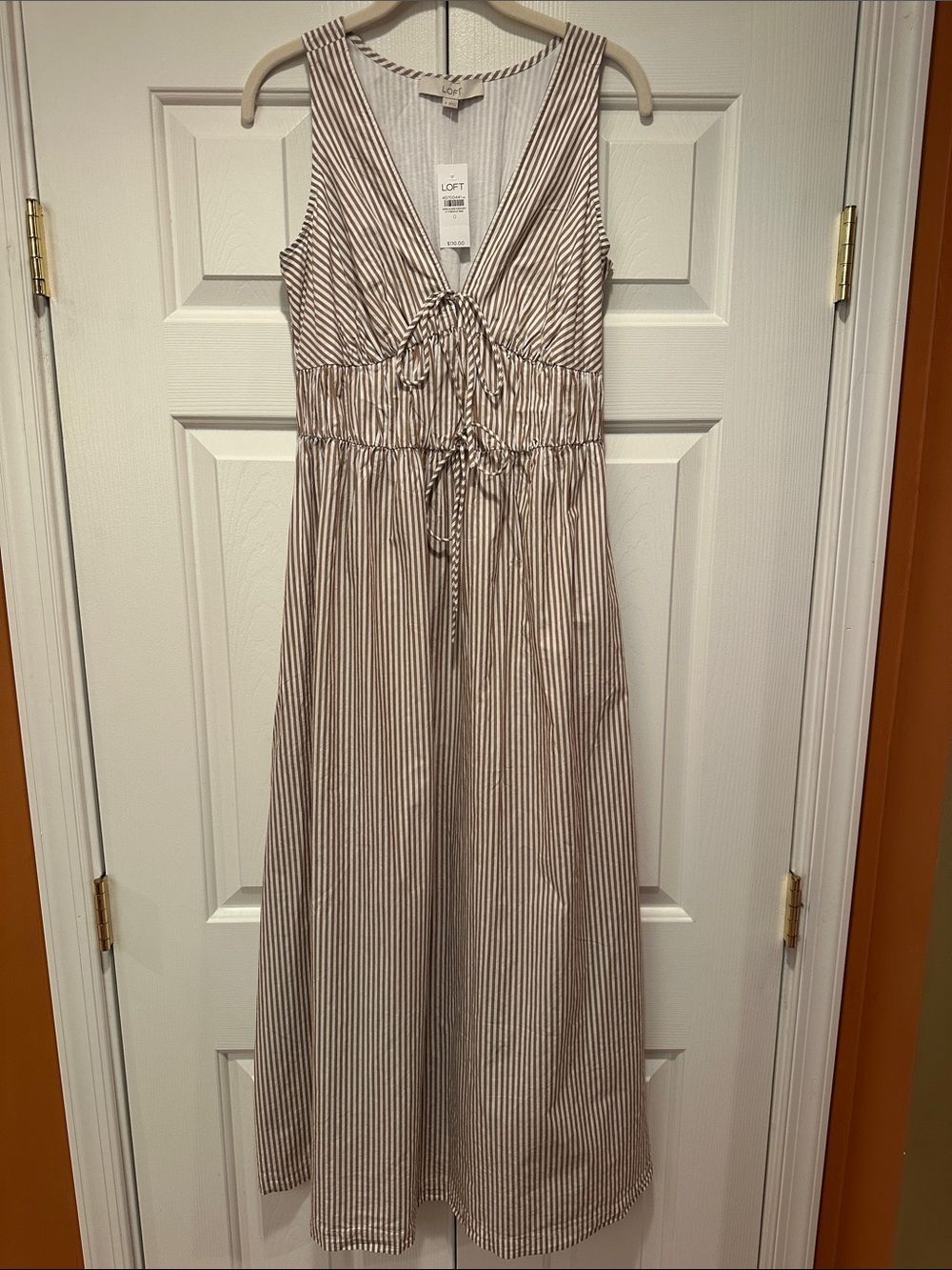 LOFT White and Tan Striped Tie-Front Maxi Dress size 0- with pockets!